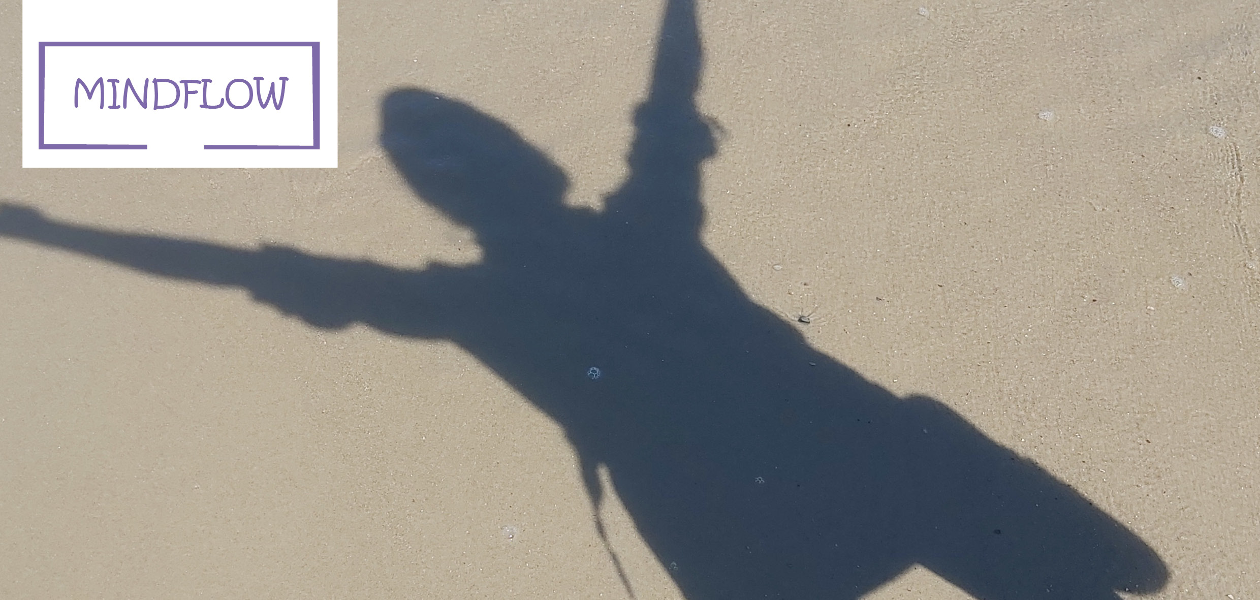 Ein menschlicher Schatten auf dem Strandsand, oben links der Text: Mindflow